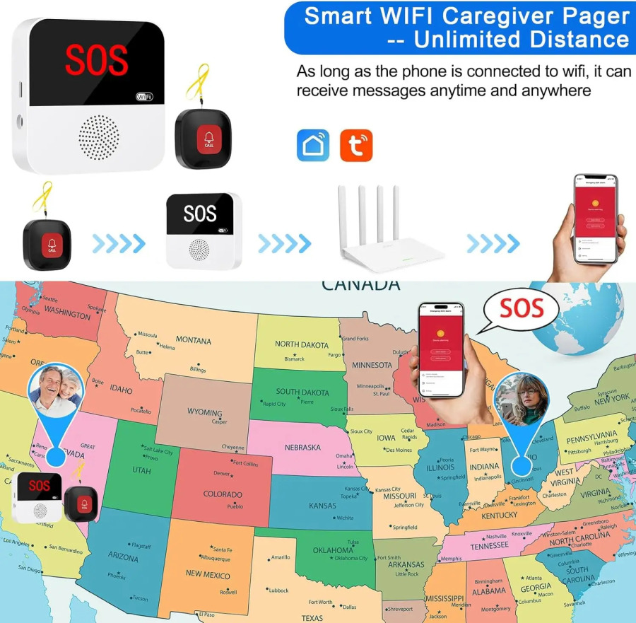 Wi-Fi Smart simsiz parvarishlash peyjer qo'ng'iroq tizimi Favqulodda ogohlantirish tizimi Keksalar nogiron bemorlar uchun hayot tugmasi