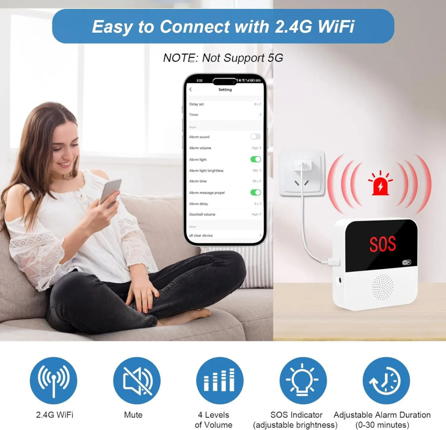 Wi-Fi Smart simsiz parvarishlash peyjer qo'ng'iroq tizimi Favqulodda ogohlantirish tizimi Keksalar nogiron bemorlar uchun hayot tugmasi