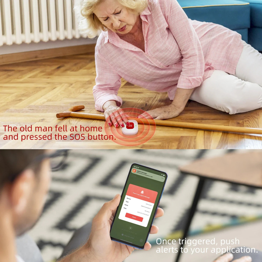 Keksalarga g'amxo'rlik qiluvchilar uchun Wi-Fi favqulodda qo'ng'iroq tugmasi Uyda qariyalar uchun signalizatsiya tizimi Tuya APP mustaqil signal bilan ishlaydi.