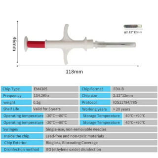 100 dona uy hayvonlari uchun mikrochip 134,2 kHz uy hayvonlari uchun shprits EM4305 ID chipi ISO11784/11785 FDX-B it mushuklari uchun uy hayvonlari uchun qarshi mikrochip