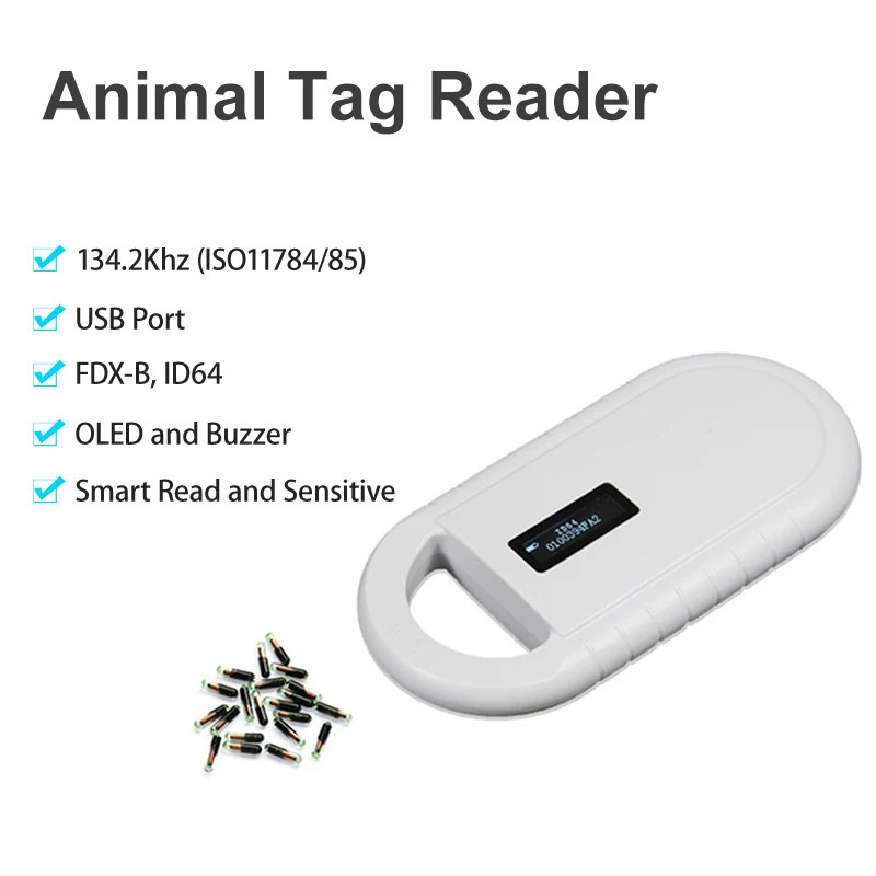 Uy hayvonlari uchun mikrochip skaneri, qoʻlda uy hayvonlari uchun chiplarni oʻqish qurilmasi, qoʻlda RFID oʻquvchi, ISO 11784/11785 FDX-B va ID64 EMIDni qoʻllab-quvvatlaydi