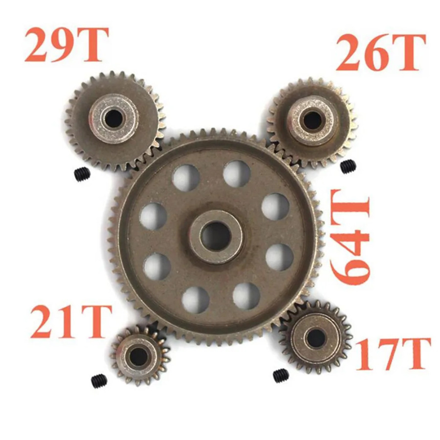 HSP 1/10 94111 94123 RC avtomobillari uchun 17-64T metall tirgakli differentsial uzatma + 4 dona Dvigatel tishli toʻplami ehtiyot qismlari