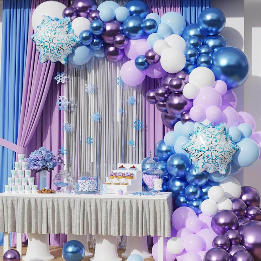 Moviy oq binafsha rang gulchambar toʻplami Muz qor mavzusidagi ziyofat qizlar uchun muzlatilgan tugʻilgan kuni ziyofati uchun lateks chaqaloq dush shari globos