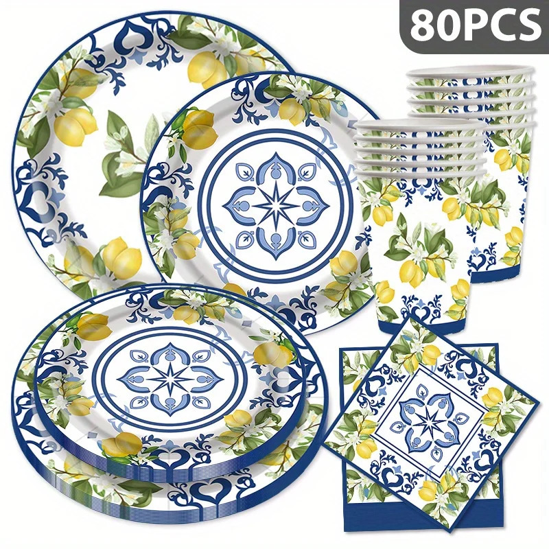 Lemon Design 80 dona bir martalik dasturxon toʻy, toʻy va marosimlar uchun - oqlangan qogʻoz dasturxon