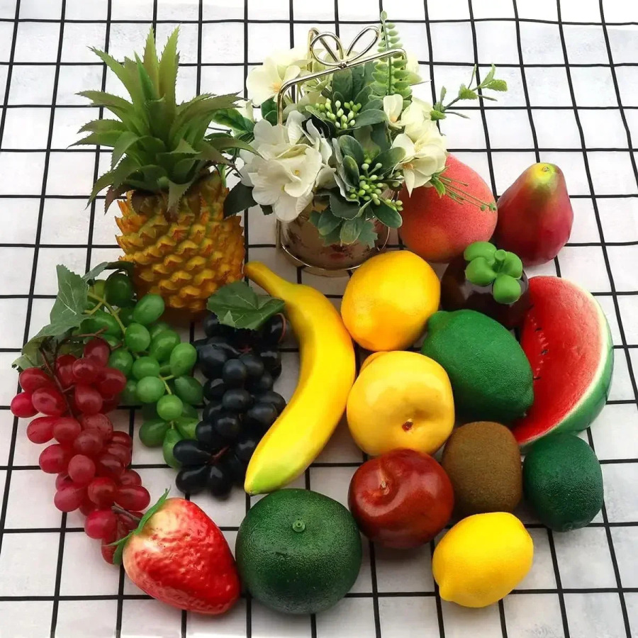 Sunʻiy meva toʻplami Uy bezaklari Ananas uzum qulupnay nok sariyogʻ Apelsin limon mumi olma banan shaftoli kombinatsiyasi