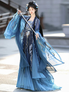 Женская синяя длина груди Hanfu с рюшами и вышивкой с большими рукавами