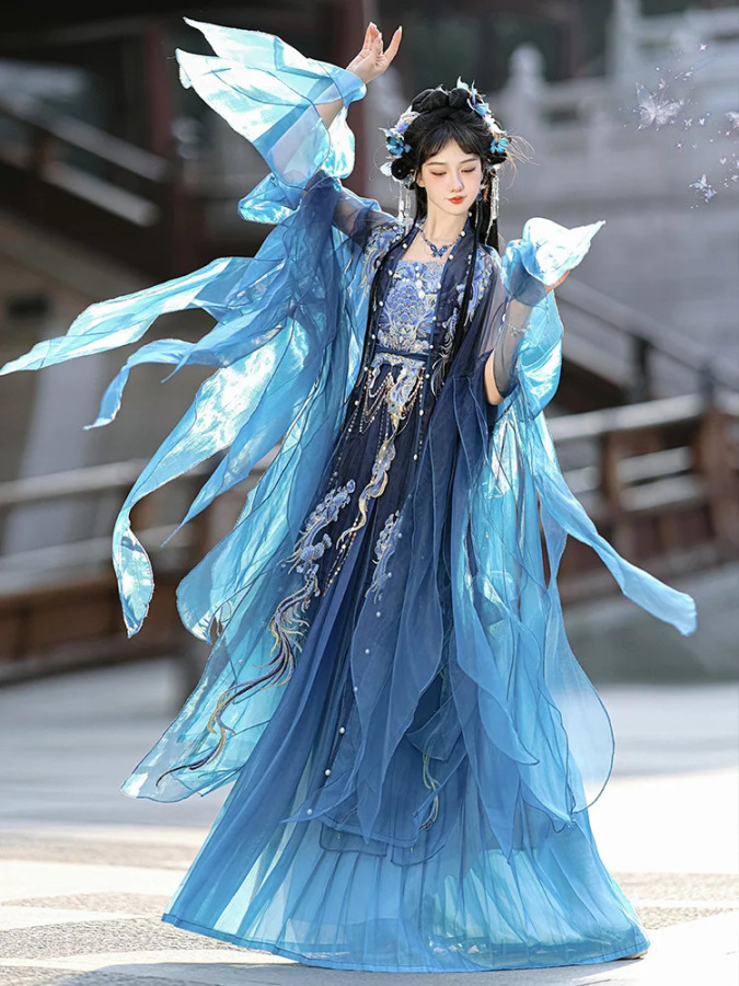 Женская синяя длина груди Hanfu с рюшами и вышивкой с большими рукавами