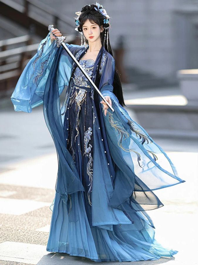 Женская синяя длина груди Hanfu с рюшами и вышивкой с большими рукавами