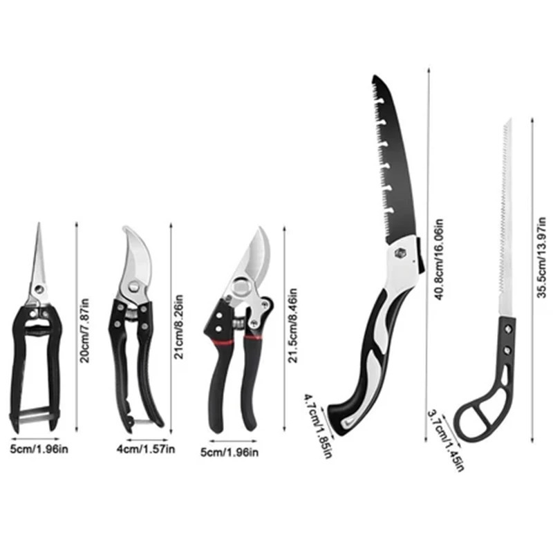 5 ta asosiy asbob bilan toʻliq bogʻdorchilik toʻplami; Secateurs, katlama savi qaychi, oʻsimlik toʻsar