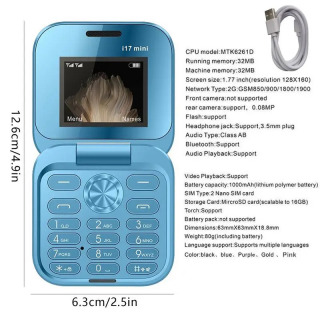 Keksa mobil telefon, yigʻiladigan koʻp funktsiyali Flip telefon Mini mobil telefoni 1,77 dyuymli ekranli portativ teskari telefon