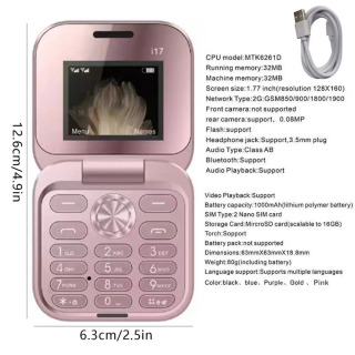 Keksa mobil telefon, yigʻiladigan koʻp funktsiyali Flip telefon Mini mobil telefoni 1,77 dyuymli ekranli portativ teskari telefon серебристый