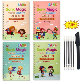 4 ta kitoblar Montessori choʻkib ketgan ingliz sehrli daftarlari qayta foydalanish mumkin boʻlgan yozish amaliyoti 3D xattotlik kitobi artib boʻlmaydigan oʻrgatish kitoblari