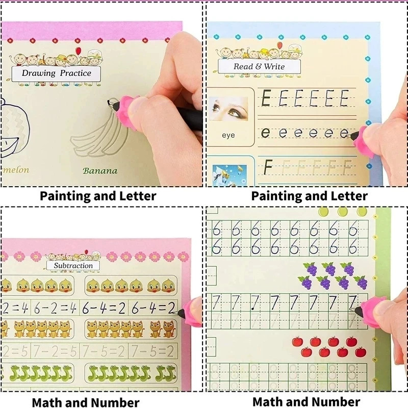 4 ta kitoblar Montessori choʻkib ketgan ingliz sehrli daftarlari qayta foydalanish mumkin boʻlgan yozish amaliyoti 3D xattotlik kitobi artib boʻlmaydigan oʻrgatish kitoblari