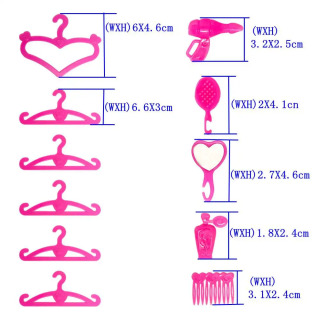 29 sm qoʻgʻirchoqlar uchun aksessuarlar toʻplami: pushti yoqimli plastik kiyinish stoli, stul, ilgichlar, taroq, fen. 11,5 dyuymli qoʻgʻirchoq uyi mebellari.
