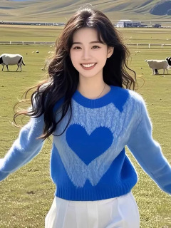 Ayollar kiyimlari Kundalik sevgi koʻk sviterlari Kuz/qish Yangi uzun yengli boʻsh nozik pullover Ayollar uchun universal moda O-boʻyinli top Синий Один размер
