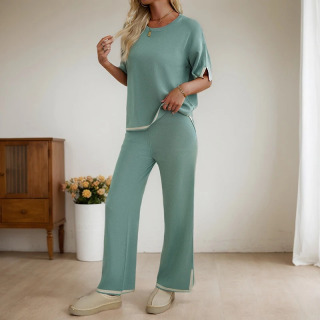 Ayollar kiyimlari ikki qismli toʻplam Bahorgi yoz modasi Kundalik O-boʻyinli qisqa yengli pullover tops keng oyoqli shimlar mos kostyum Светло-зеленый S