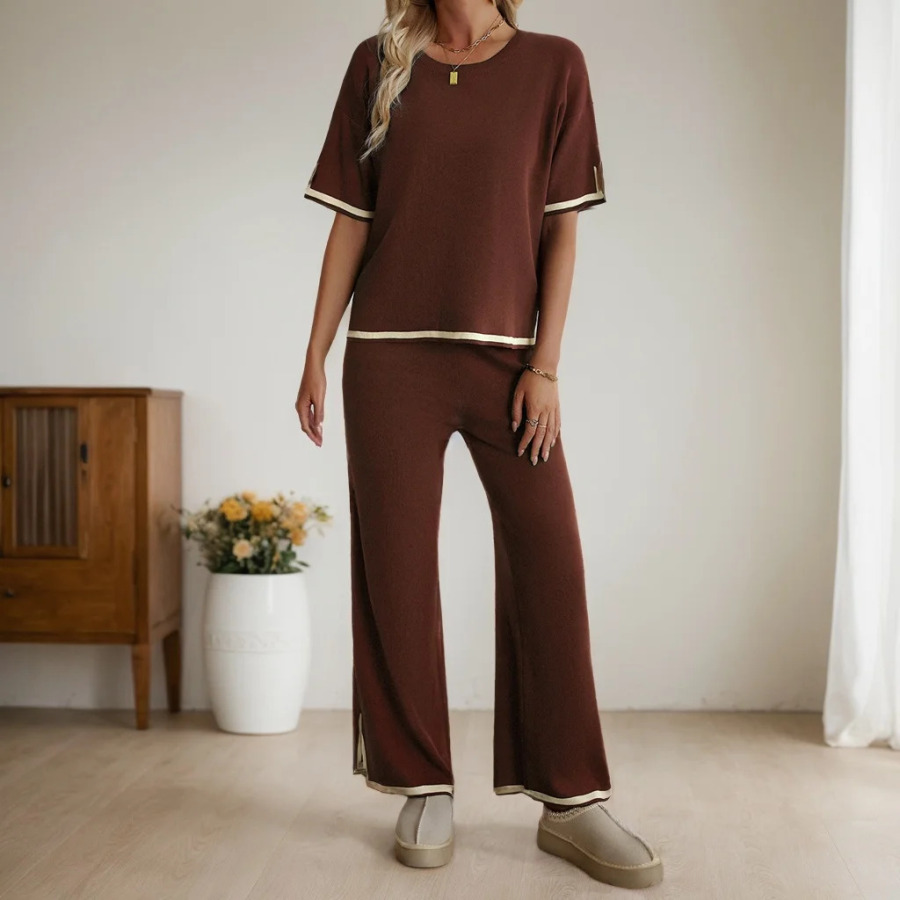 Ayollar kiyimlari ikki qismli toʻplam Bahorgi yoz modasi Kundalik O-boʻyinli qisqa yengli pullover tops keng oyoqli shimlar mos kostyum