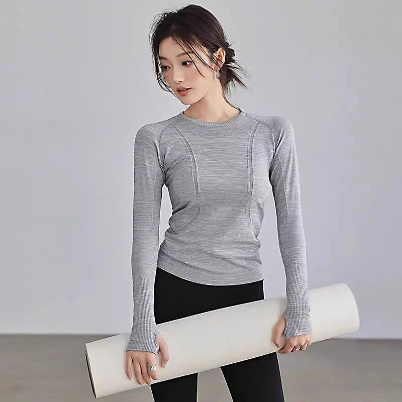 Ayollar uchun yoga kiyimlari sport kiyimlari ekipaj boʻyinli choksiz yupqa yugurish koʻylaklari Fitness mashgʻulotlari uchun uzun yengli sport koʻylagi qishki