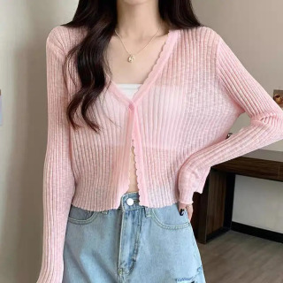 Ayollar kiyimlari Slim Casual Slim Trikotaj Kardigan Yozgi Shirin Roʻmol Koʻylak Yuqori Bel Ayollar Quyosh V Boʻyinli Tugmachalar