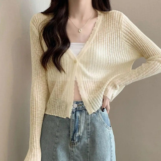 Ayollar kiyimlari Slim Casual Slim Trikotaj Kardigan Yozgi Shirin Roʻmol Koʻylak Yuqori Bel Ayollar Quyosh V Boʻyinli Tugmachalar