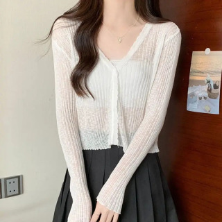 Ayollar kiyimlari Slim Casual Slim Trikotaj Kardigan Yozgi Shirin Roʻmol Koʻylak Yuqori Bel Ayollar Quyosh V Boʻyinli Tugmachalar