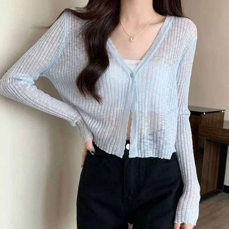 Ayollar kiyimlari Slim Casual Slim Trikotaj Kardigan Yozgi Shirin Roʻmol Koʻylak Yuqori Bel Ayollar Quyosh V Boʻyinli Tugmachalar
