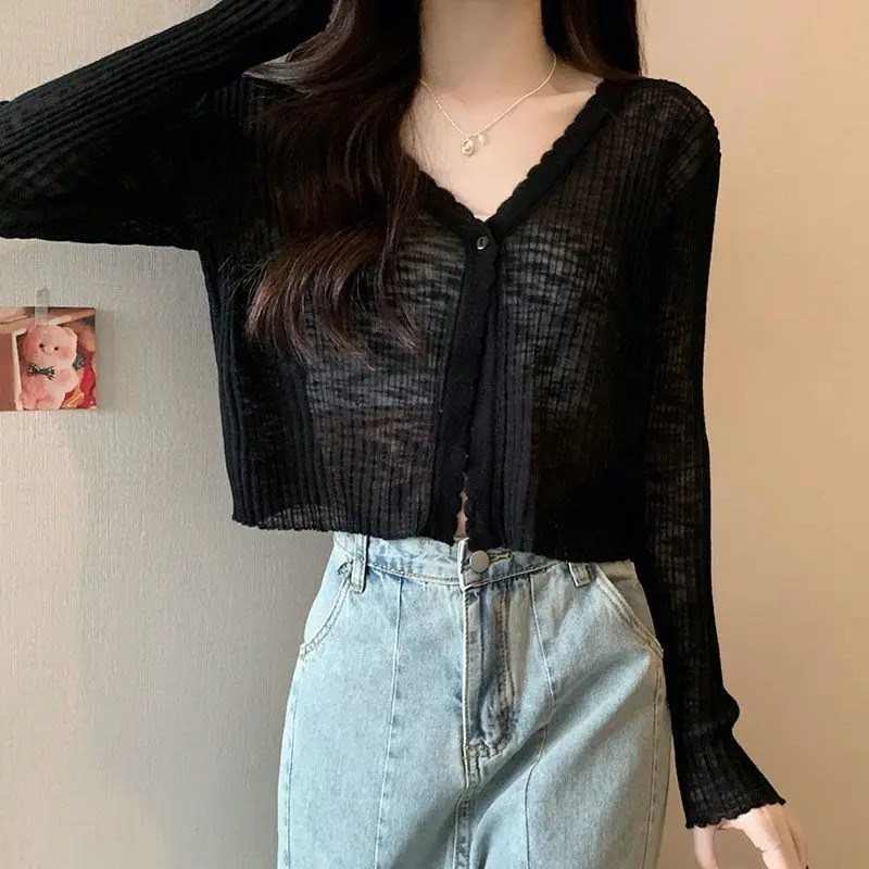 Ayollar kiyimlari Slim Casual Slim Trikotaj Kardigan Yozgi Shirin Roʻmol Koʻylak Yuqori Bel Ayollar Quyosh V Boʻyinli Tugmachalar