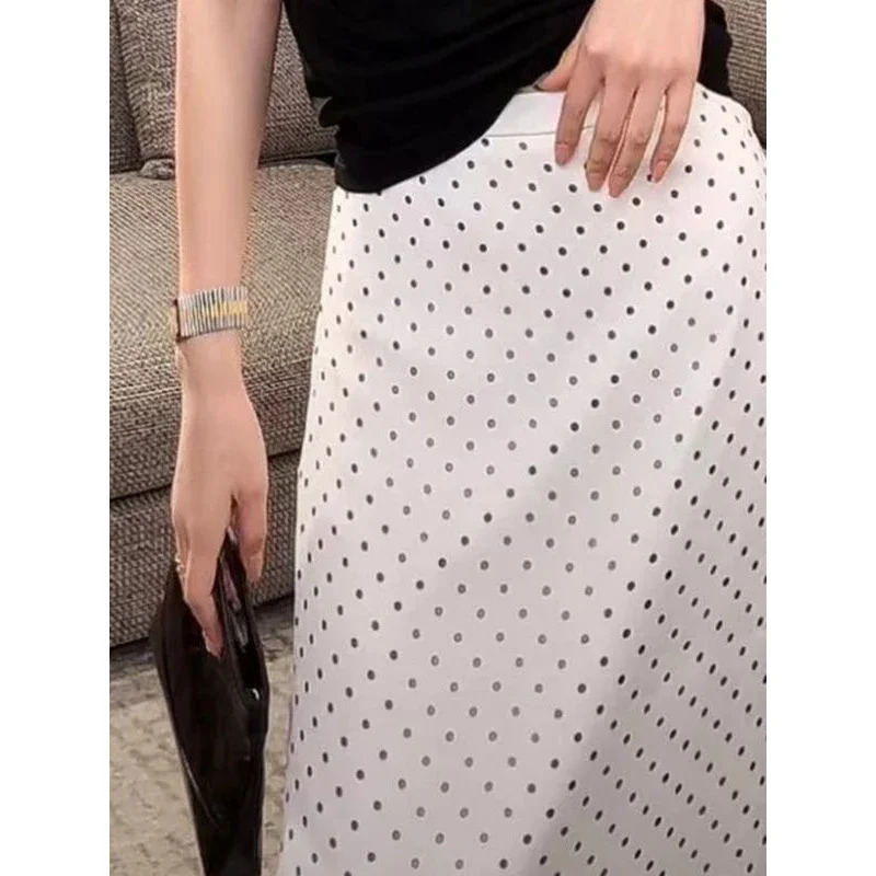 Ayollar kiyimlari 2025 Yozgi moda yuqori bel polka nuqtali maksi yubka oqlangan ofis biznes uchrashuvlari uchun nozik partiya yubka