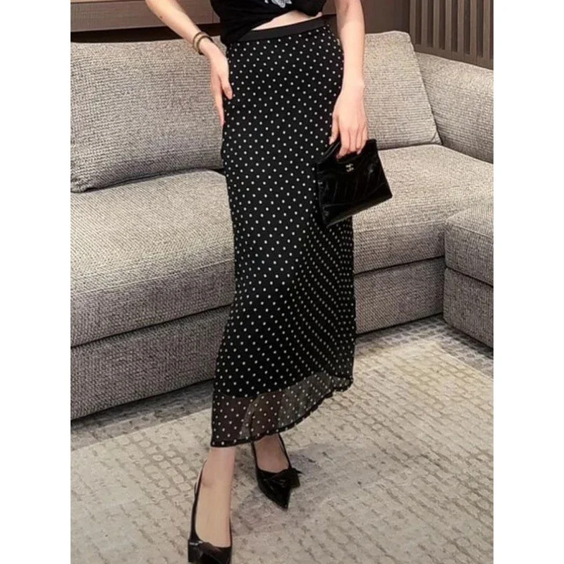 Ayollar kiyimlari 2025 Yozgi moda yuqori bel polka nuqtali maksi yubka oqlangan ofis biznes uchrashuvlari uchun nozik partiya yubka