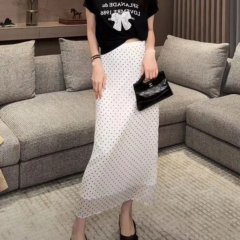Ayollar kiyimlari 2025 Yozgi moda yuqori bel polka nuqtali maksi yubka oqlangan ofis biznes uchrashuvlari uchun nozik partiya yubka