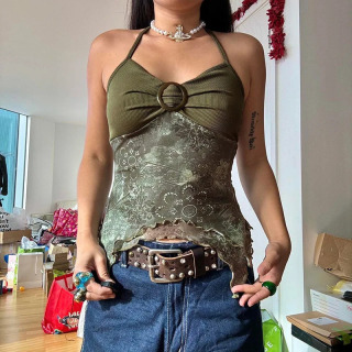 Ayollar yozgi taʻtil kiyimlari Y2K kamzuli orqasiz xaltali galstuk assimetrik tops Retro oʻrmon yashil bosma boho uslubida
