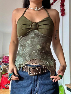 Ayollar yozgi taʻtil kiyimlari Y2K kamzuli orqasiz xaltali galstuk assimetrik tops Retro oʻrmon yashil bosma boho uslubida