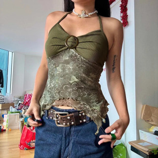 Ayollar yozgi taʻtil kiyimlari Y2K kamzuli orqasiz xaltali galstuk assimetrik tops Retro oʻrmon yashil bosma boho uslubida
