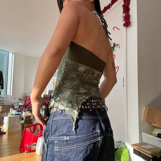 Ayollar yozgi taʻtil kiyimlari Y2K kamzuli orqasiz xaltali galstuk assimetrik tops Retro oʻrmon yashil bosma boho uslubida