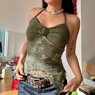 Ayollar yozgi taʻtil kiyimlari Y2K kamzuli orqasiz xaltali galstuk assimetrik tops Retro oʻrmon yashil bosma boho uslubida