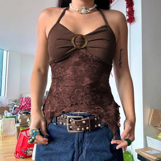 Ayollar yozgi taʻtil kiyimlari Y2K kamzuli orqasiz xaltali galstuk assimetrik tops Retro oʻrmon yashil bosma boho uslubida Светло-коричневый M
