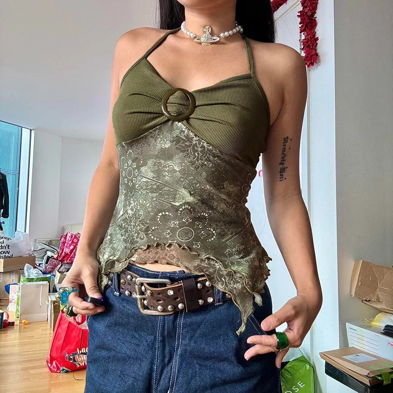 Ayollar yozgi taʻtil kiyimlari Y2K kamzuli orqasiz xaltali galstuk assimetrik tops Retro oʻrmon yashil bosma boho uslubida