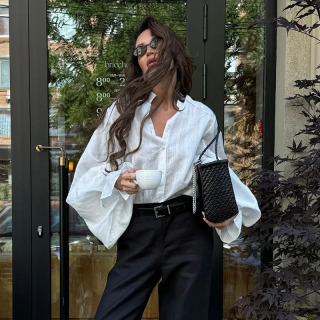 Ayollar tasodifiy uzun yengli stendli yoqa paxta koʻylak oq katta oʻlchamli moda bluza bahor-yoz