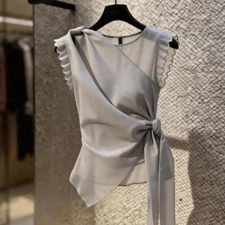 Ayollar kiyimlari: Moda yozgi O boʻyinli yengsiz bluzka oqlangan koʻrinish uchun qattiq shaffof toʻrli bluzka СЕРЫЙ S