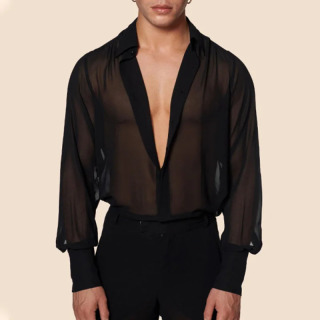 Erkaklar kiyimlari uzun yengli toʻrli shaffof seksi koʻylak Qattiq tugmali Vintage koʻcha kiyimi Retro partiyasi S-3XL