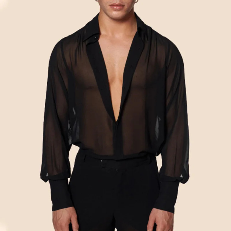 Erkaklar kiyimlari uzun yengli toʻrli shaffof seksi koʻylak Qattiq tugmali Vintage koʻcha kiyimi Retro partiyasi S-3XL