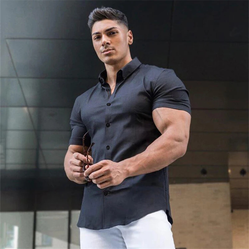 Erkaklar koʻylaklari qisqa yengli sport kiyimlari Tugmachali kundalik koʻcha kiyimi Hipster kiyimlari Yozgi