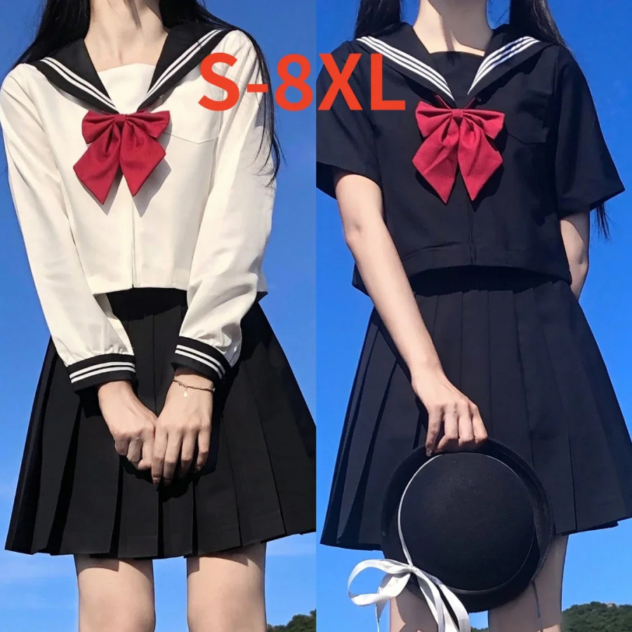 Qizlar uchun yapon maktab formasi S-8XL kostyumi Jk oʻlchamli oq ikkita qora uchta asosiy dengizchi formasi ayollar uzun yengli kostyum
