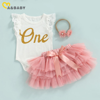 Ma&baby 0-18 oylik qizlar uchun 1-tugʻilgan kun liboslari toʻplami Yangi tugʻilgan tugʻilgan maktubli kombinezon tulli yubkalar bosh bogʻichlari yozgi kiyimlar