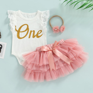 Ma&baby 0-18 oylik qizlar uchun 1-tugʻilgan kun liboslari toʻplami Yangi tugʻilgan tugʻilgan maktubli kombinezon tulli yubkalar bosh bogʻichlari yozgi kiyimlar