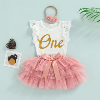 Ma&baby 0-18 oylik qizlar uchun 1-tugʻilgan kun liboslari toʻplami Yangi tugʻilgan tugʻilgan maktubli kombinezon tulli yubkalar bosh bogʻichlari yozgi kiyimlar