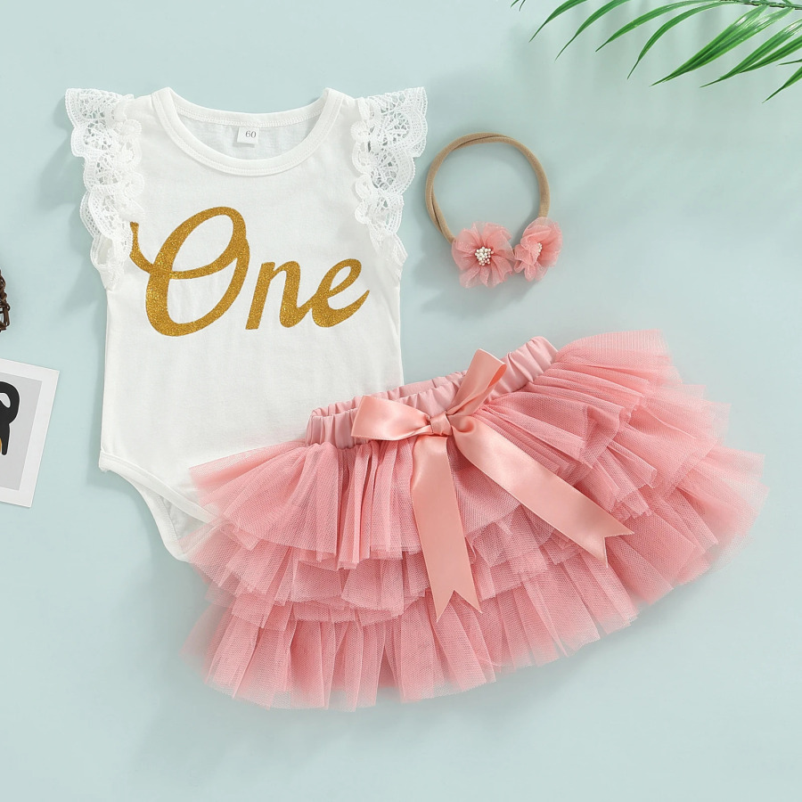 Ma&baby 0-18 oylik qizlar uchun 1-tugʻilgan kun liboslari toʻplami Yangi tugʻilgan tugʻilgan maktubli kombinezon tulli yubkalar bosh bogʻichlari yozgi kiyimlar