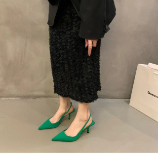 Ayollar yozgi poyafzallari 2024 Yangi moda oʻtkir burunli Stiletto oʻrta poshnali sandallar Ayollar ochiq burunli sandallar Ayollar yashil poyabzallari