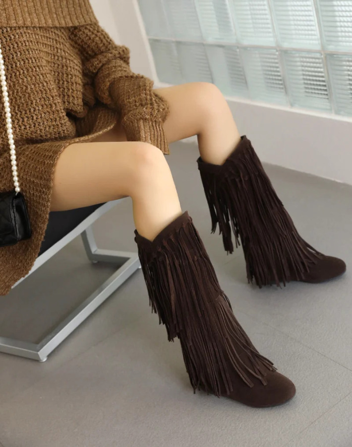 Ayollar poyafzallari Bahorgi kuz modasi Yangi zamonaviy jozibali ayollar tizzasidan yuqori botinkalar dumaloq oyoqli poda baland botinkalar 3 sm Fringe Plus Size 34-48