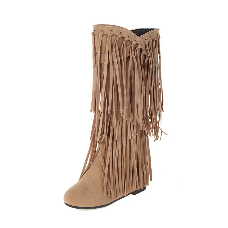 Ayollar poyafzallari Bahorgi kuz modasi Yangi zamonaviy jozibali ayollar tizzasidan yuqori botinkalar dumaloq oyoqli poda baland botinkalar 3 sm Fringe Plus Size 34-48